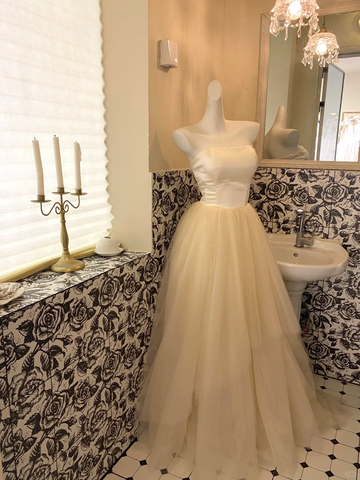 Simple Light Champagne A Line Strapless Satin Tulle Party Dress Prom Dress HZ1023